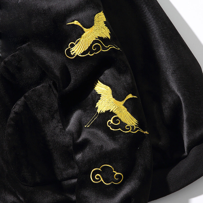 Oriental Cranes Embroidery Men's Velvet Hoodie Warm Coat
