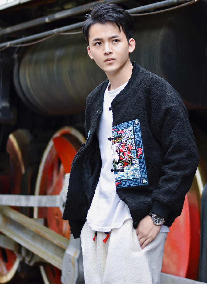 Crane Embroidery Thick Camo Fleece Unisex Chinese Style Jacket