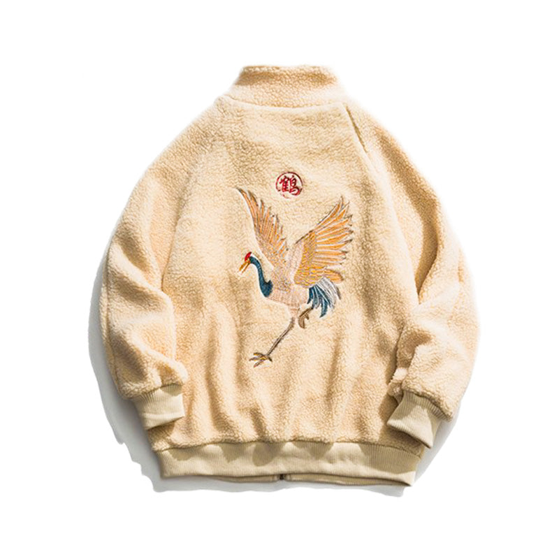 Crane Embroidery Stand Collar Camo Fleece Unisex Chinese Style Jacket
