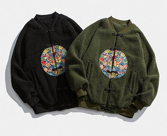Floral Circle Embroidery Thick Camo Fleece Unisex Chinese Style Jacket