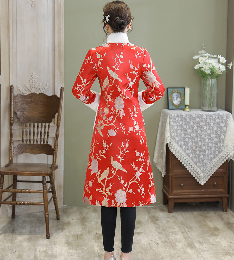Floral Brocade Fur Edge Chinese Style Knee Length Wind Coat IDREAMMART Floral Brocade Fur Edge Chinese Style Knee Length Wind Coat IDREAMMART
