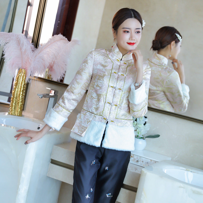Fancy Cotton Fur Edge Traditional Chinese Style Floral Wadded Coat