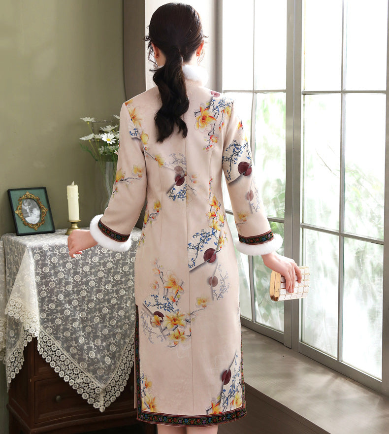 Floral Suede Fur Edge Knee Length Cheongsam Wadded Chinese Dress
