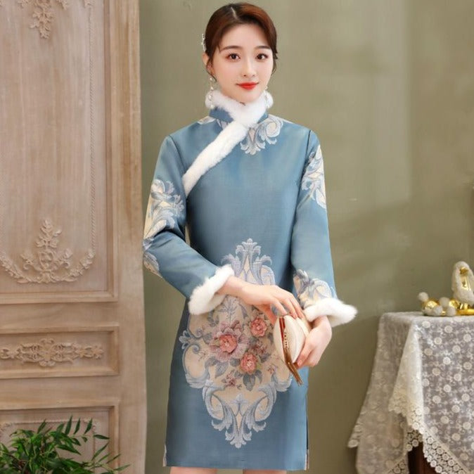 Floral Brocade Fur Edge Knee Length Cheongsam Wadded Chinese Dress