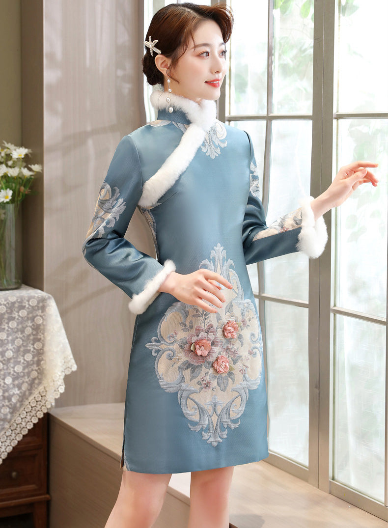 Floral Brocade Fur Edge Knee Length Cheongsam Wadded Chinese Dress