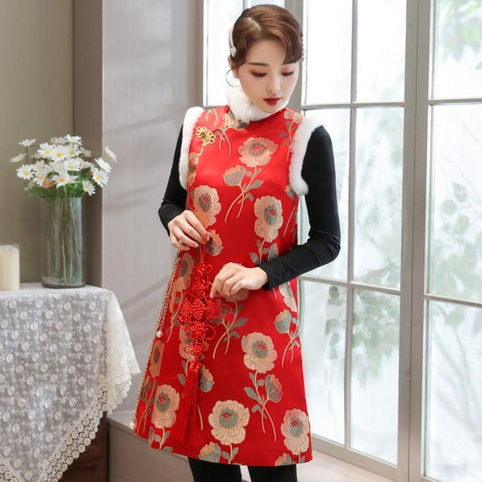 Floral Brocade Knee Length Chinese Wadded Waistcoat Chinese Dress