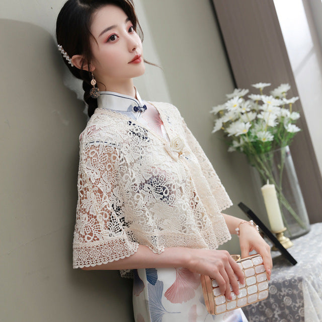 Cheongsam Matched V Neck Floral Lace Shawl Cloak Bolero Jacket