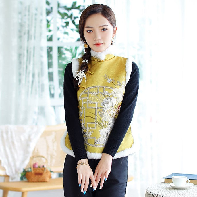 Fur Edge Floral Embroidery Thick Chinese Style Waistcoat Vest