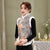 Gilet gilet stile cinese in pelle scamosciata floreale con bordo in pelliccia