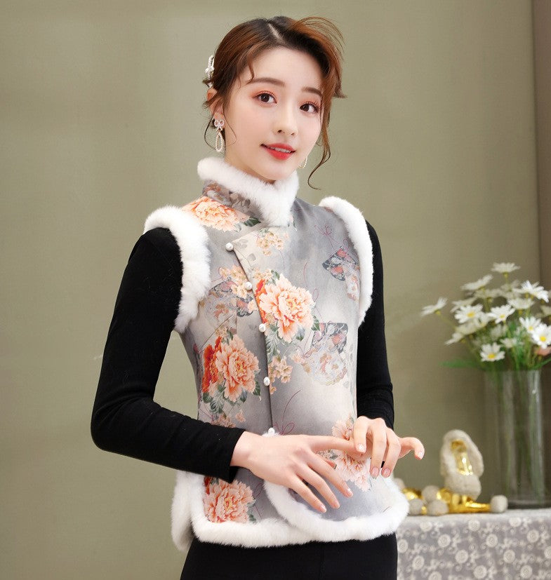 Fur Edge Floral Suede Chinese Style Waistcoat Vest