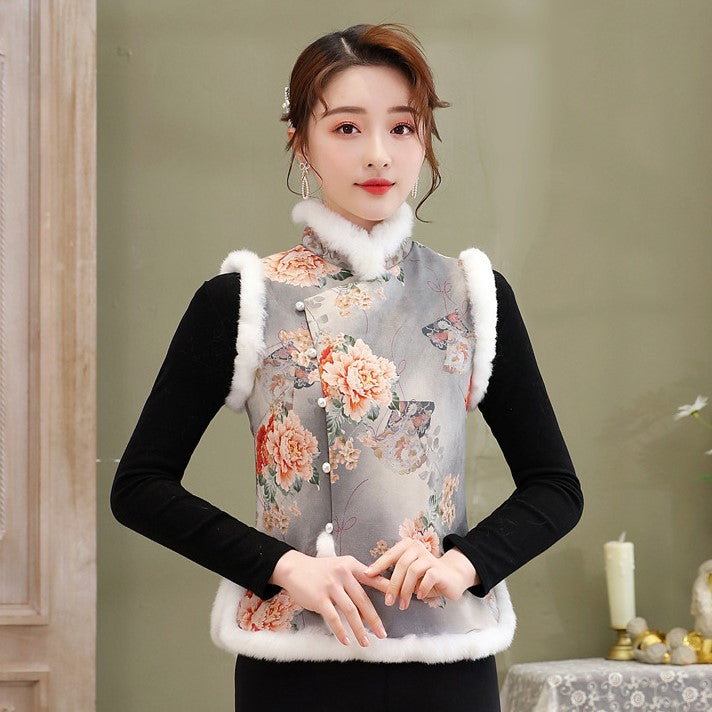 Fur Edge Floral Suede Chinese Style Waistcoat Vest