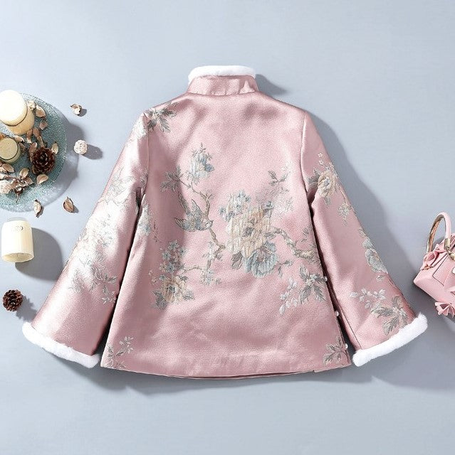 Floral Fancy Cotton Fur Edge Women's Chinese Style Jacket Wadded Coat