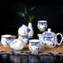 Set da tè Kung Fu in porcellana blu e bianca, tazze e teiera 7 pezzi