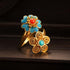 Bague Argent Cloisonnée Deux Fleurs Style Chinois Dorure