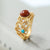 Red Coral & Turquoise Chinese Style Gilding Silver Ring