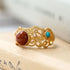 Bague Argent Corail Rouge & Turquoise Style Chinois Dorure