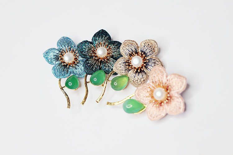 Plum Blossom Shape Embroidery with Green Jade Gilding Brooch