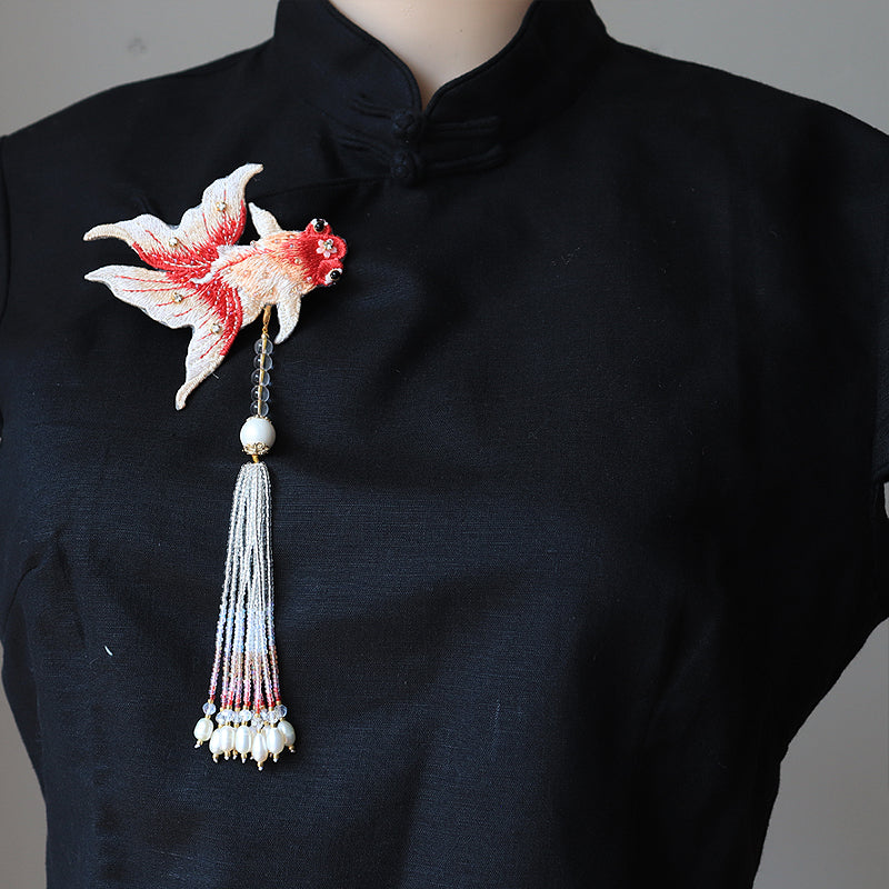 Goldfish Shape Embroidery with Tassel Gilding Brooch