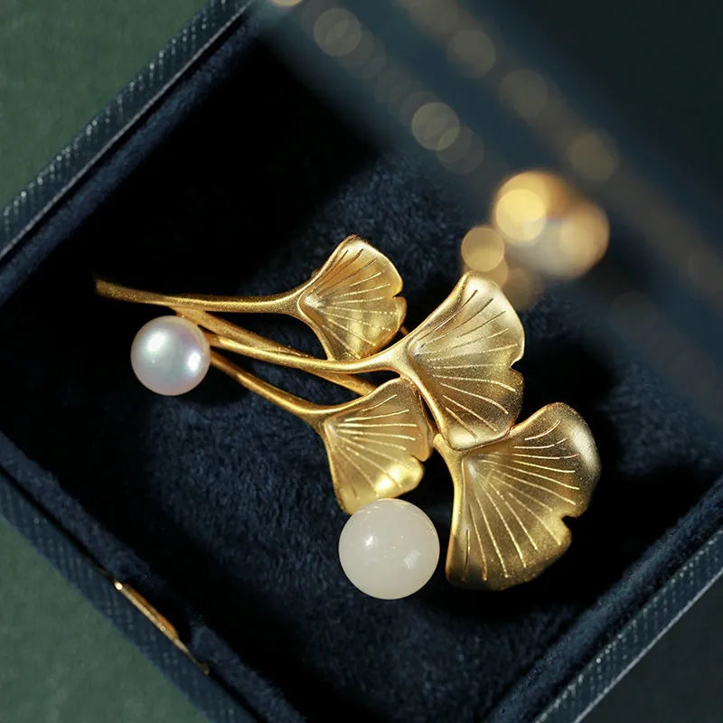 Gilding Ginkgo Leaves & Pearls Designed Brooch