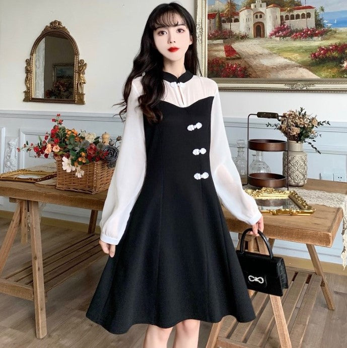Long Sleeve Illusion Neck Lolita Style Chinese Dress Little Black Dress