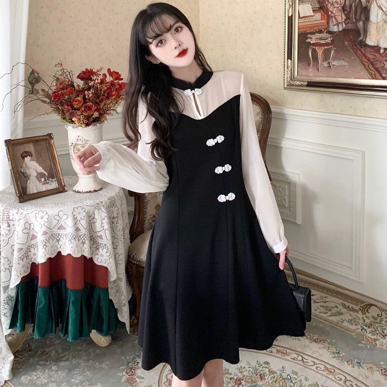Long Sleeve Illusion Neck Lolita Style Chinese Dress Little Black Dress