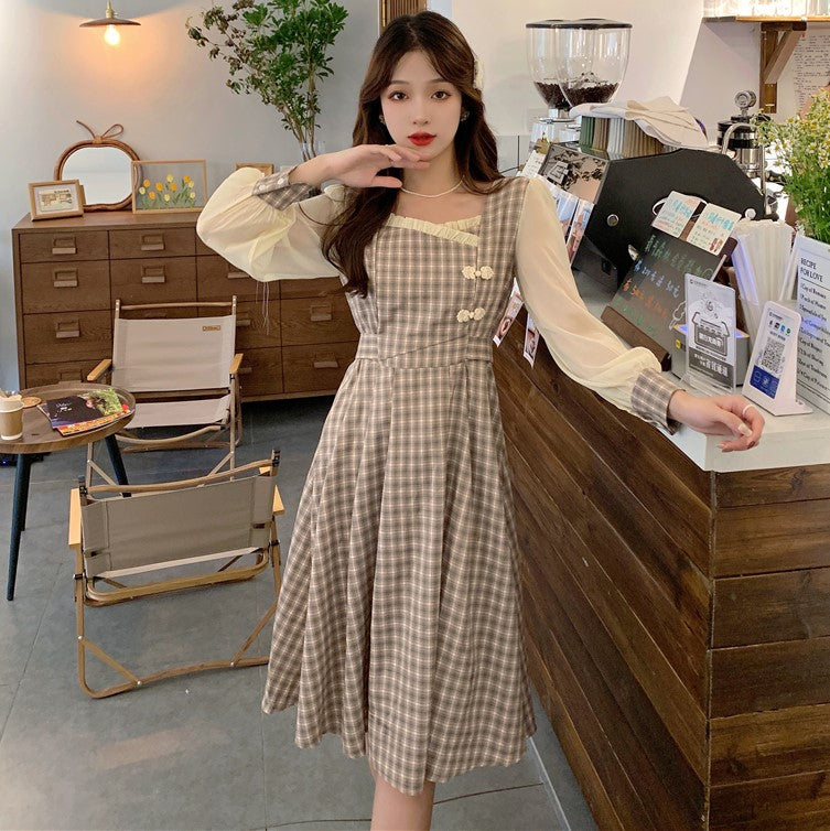 Square Neck Puff Sleeve Lolita Style Chinese Plaid Dress – IDREAMMART