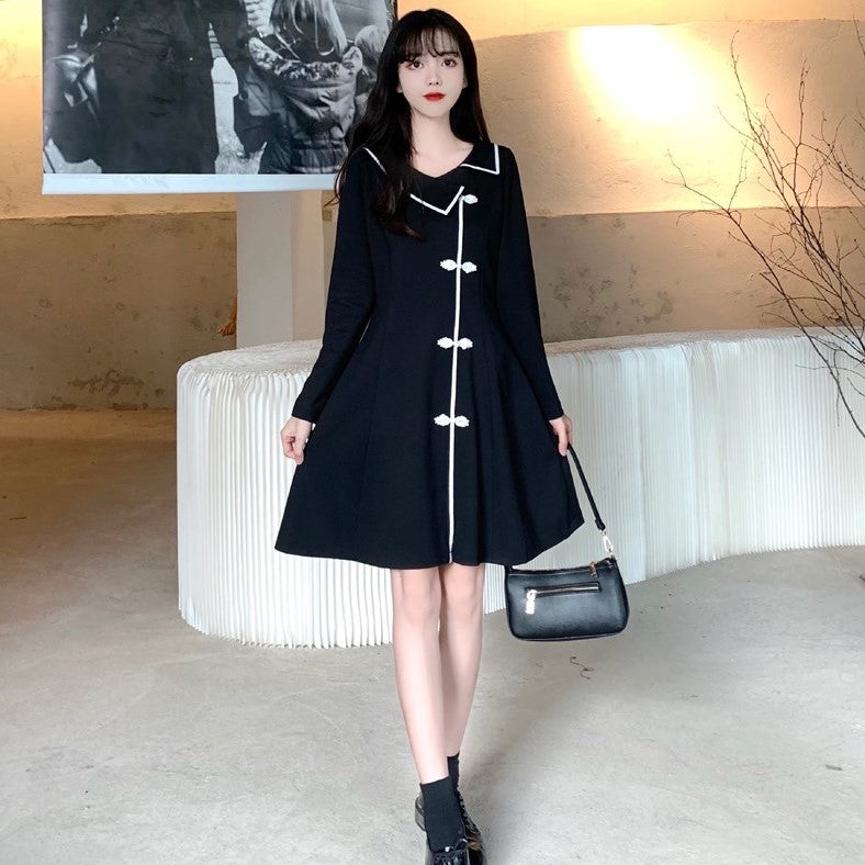 Lapel Collar Long Sleeve Lolita Style Chinese Dress Little Black Dress
