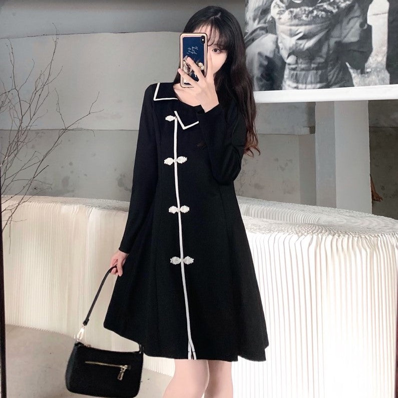 Lapel Collar Long Sleeve Lolita Style Chinese Dress Little Black Dress