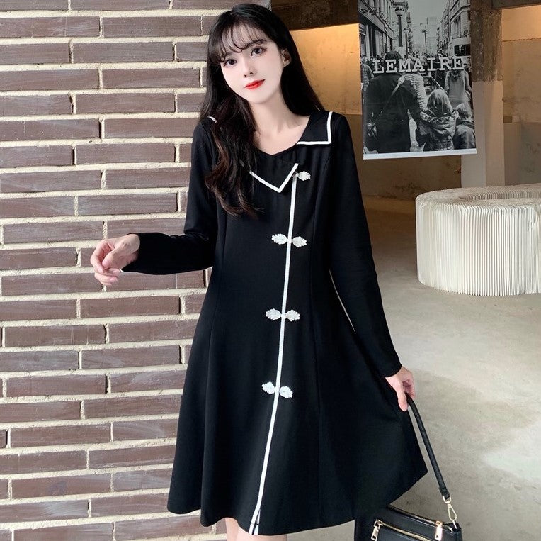 Lapel Collar Long Sleeve Lolita Style Chinese Dress Little Black Dress ...