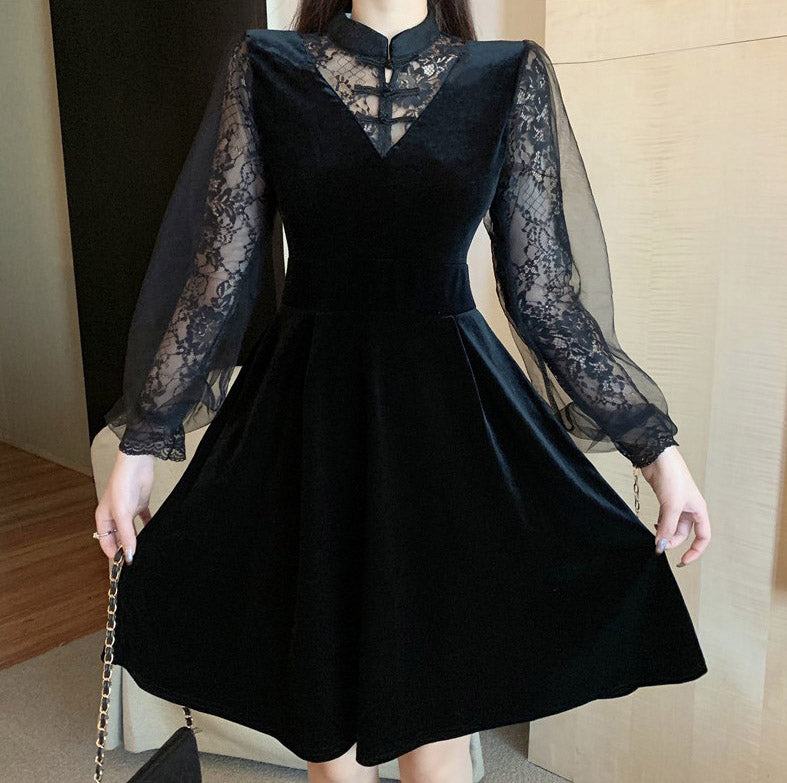 Floral Lace Lolita Style Velvet Chinese Dress Little Black Dress