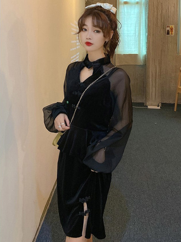 Long Illusion Sleeve Lolita Style Velvet Chinese Dress Little Black Dress
