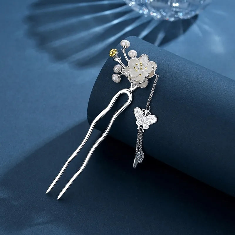 Floral Designed Sterling Silver Retro Chinese Style U-shape Hairpin with Butterfly Tassel