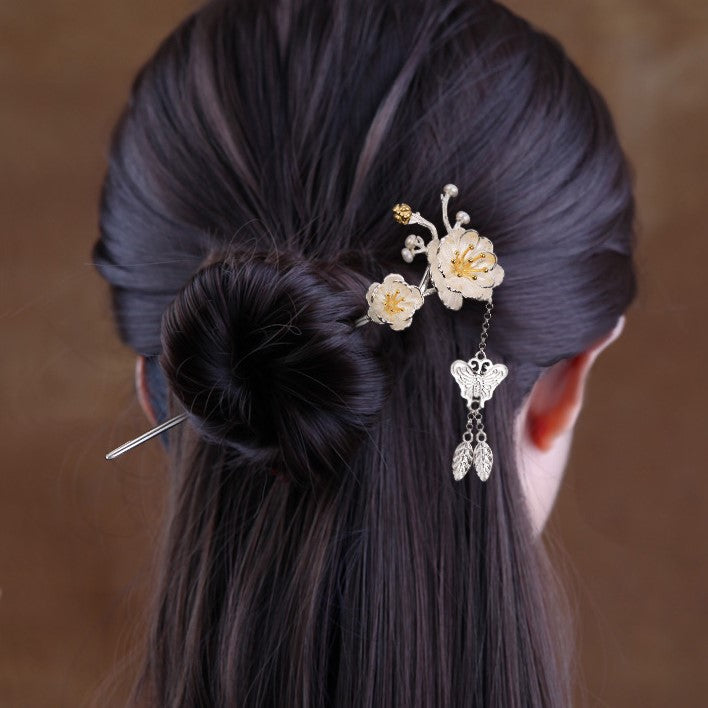 Jade Flower Designed Sterling Silver Retro Chinese Style Hairpin with Butterfly Tassel