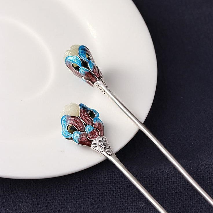 Jade & Cloisonne Lotus Designed Sterling Silver Retro Chinese Style Hairpin with Tassel