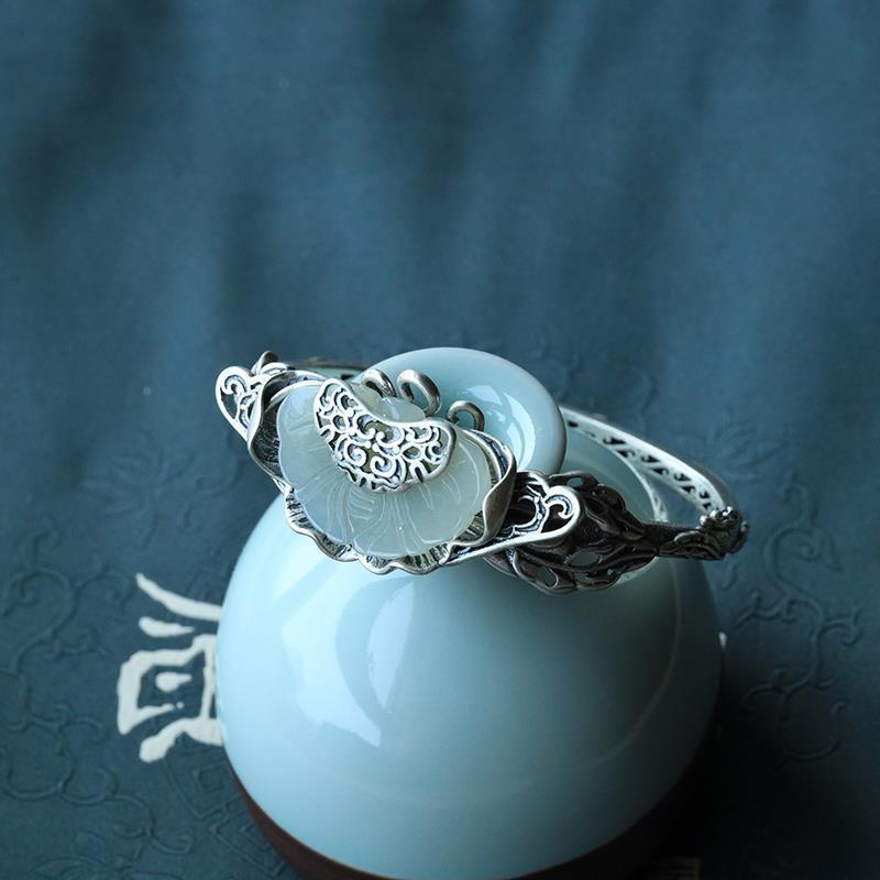 Butterfly & Ruyi Design Retro Sterling Silver Open Bracelet
