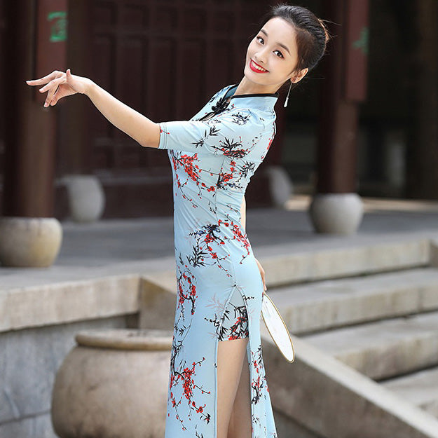 Stretchy Floral Cheongsam Dress Chinese Style Dance Dress – IDREAMMART