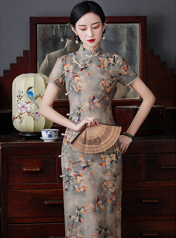 chinese traditional dress short Dress Women Cheongsam Short Sleeve Front Split Vintage Long Dress Plum Qipao Chinese Traditional Dress Clothing