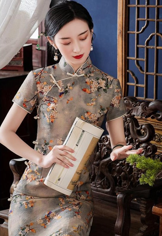 Short Sleeve Floral Fancy Cotton Traditional Cheongsam Tea Length Chin – IDREAMMART
