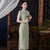 Fancy Cotton Tea Length Traditional Cheongsam Striped Chinese Dress