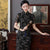 Vestido chino de encaje floral cheongsam con manga de ilusión hasta la rodilla