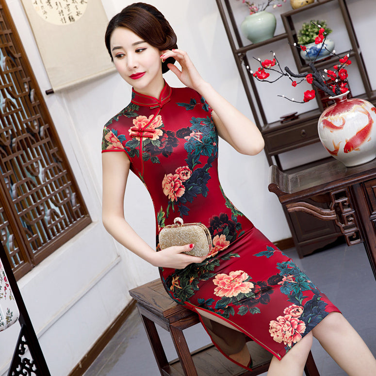 Cap Sleeve Knee Length Floral Silk Cheongsam Chinese Dress with Lining ...