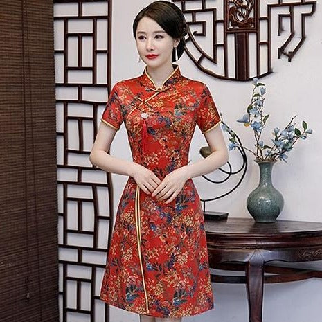 Short Sleeve Cheongsam Top Knee Length Floral Ao Dai Dress