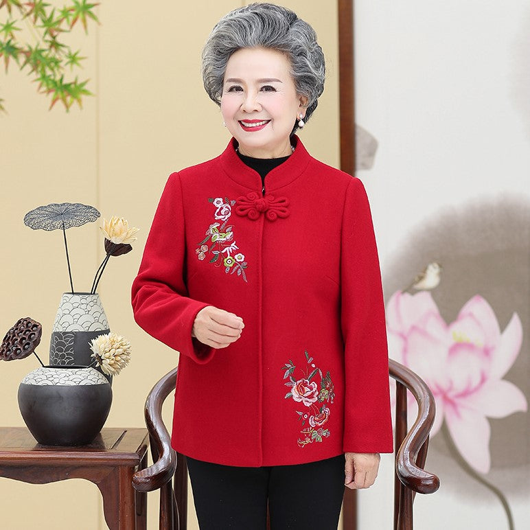 Mandarin Collar Floral Embroidery Woolen Tang Suit