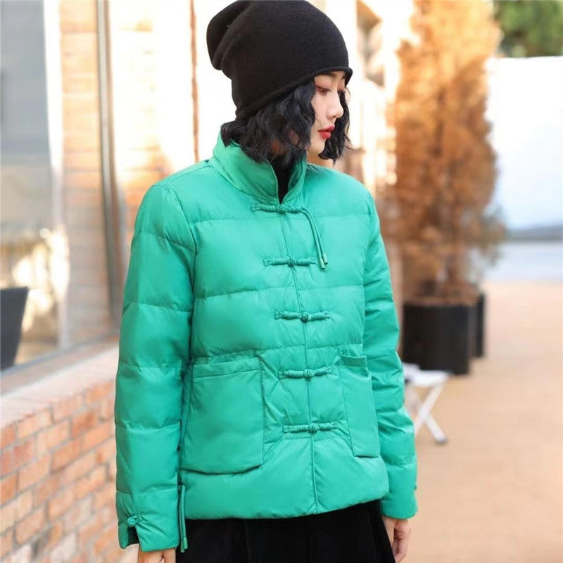 Stand Collar Chinese Style Women's Down Coat with Strap