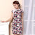 Knee Length Cotton Cheongsam Floral Chinese Dress with Lace Shoulder