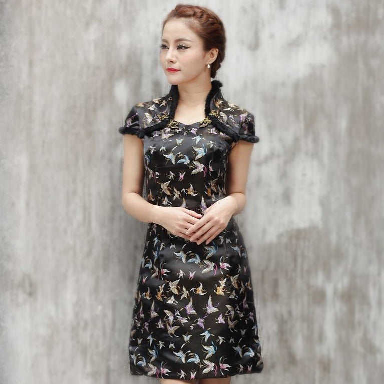 Fur Collar Knee Length Brocade Cheongsam Chinese Dress