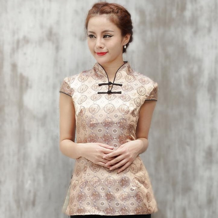 Auspicious Pattern Cap Sleeve Traditional Chinese Shirt