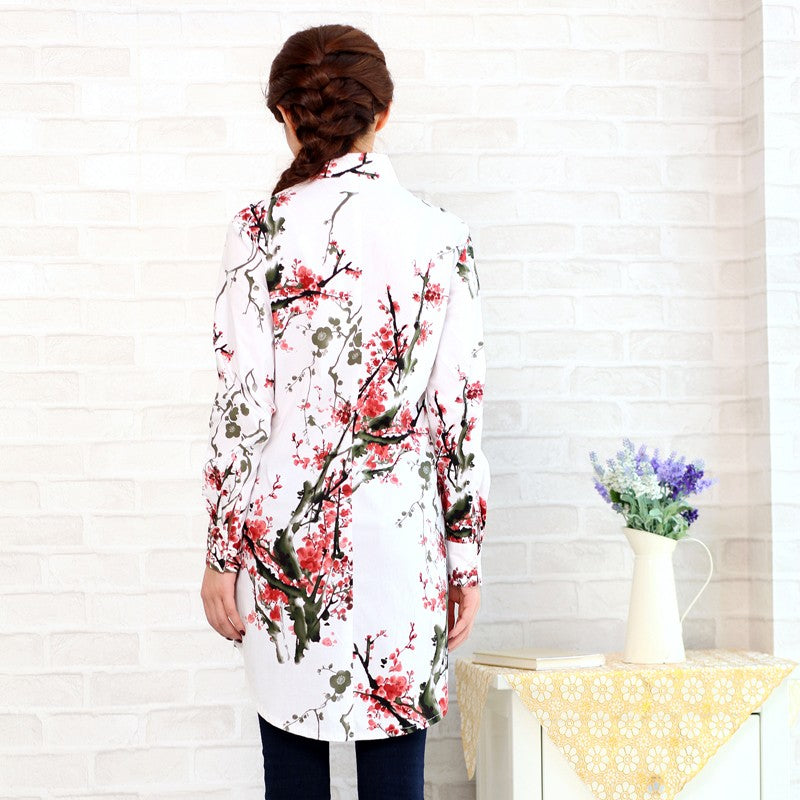 V Neck Long Sleeve Floral Chinese Style Blouse