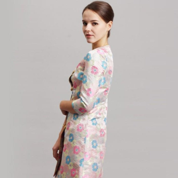 3/4 Sleeve Round Neck Floral Chinese Style Wind Coat
