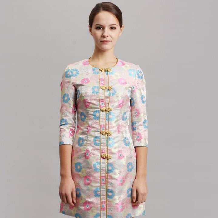 3/4 Sleeve Round Neck Floral Chinese Style Wind Coat